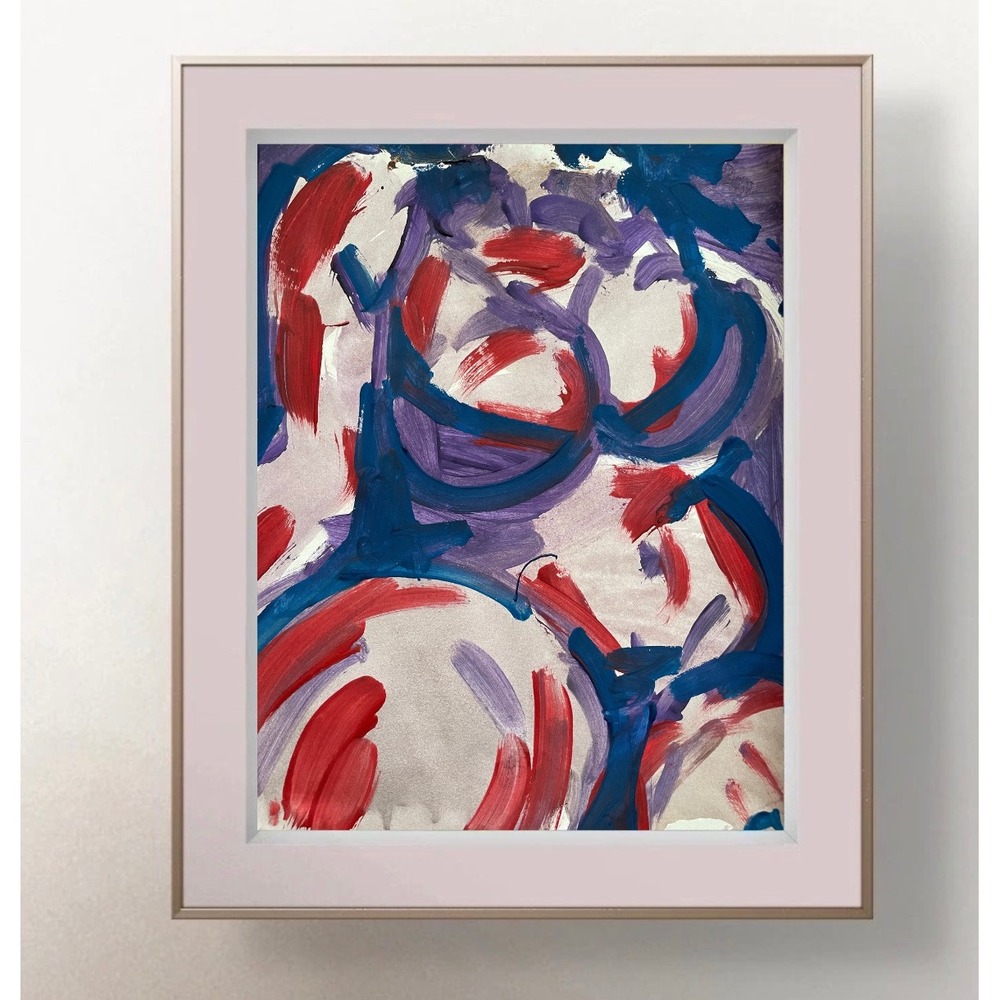 Original Abstract Expressionist Painting Red Blue Purple 8.5x11 Studio Figure